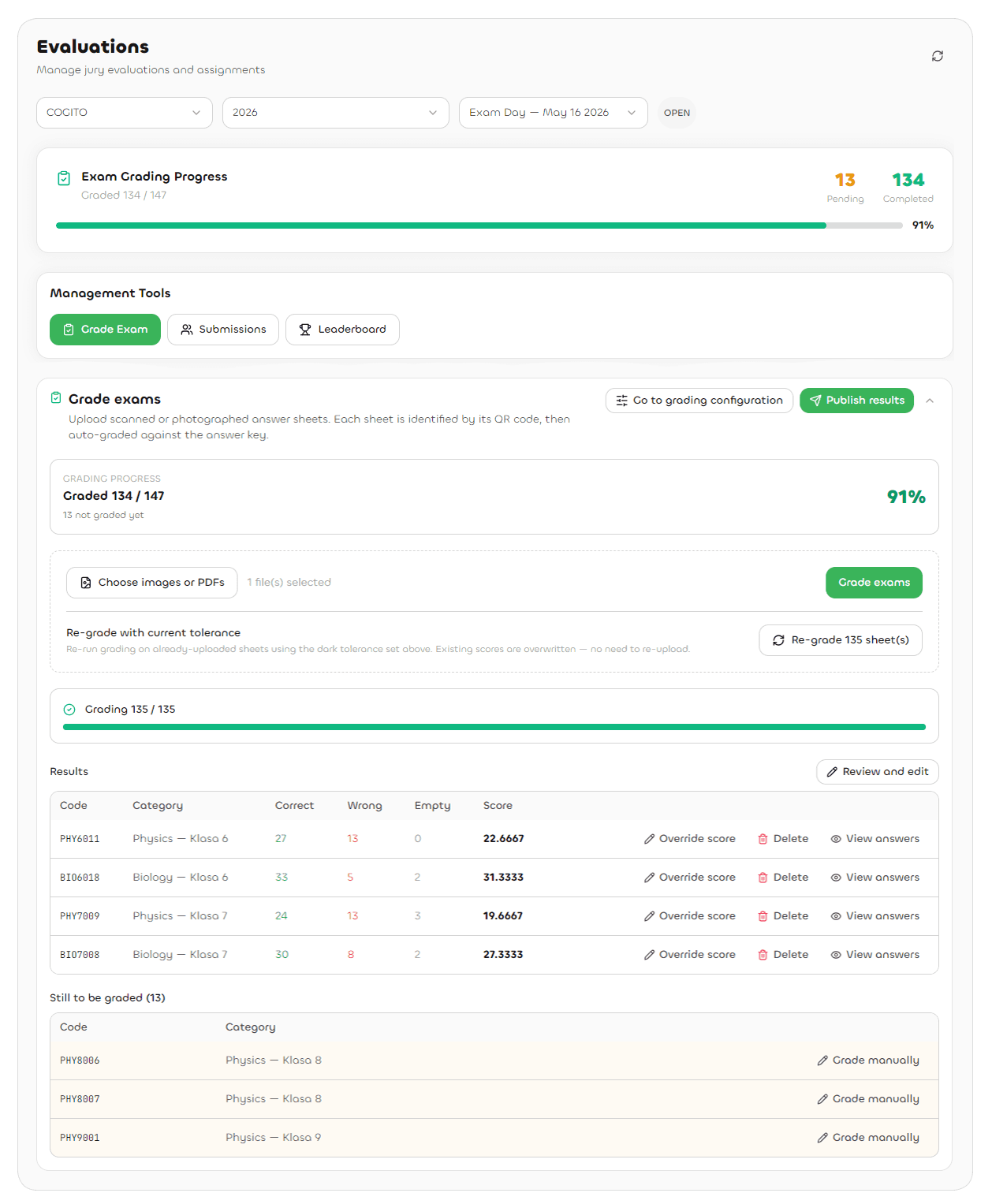 NextArena automated OMR exam grading from scanned answer sheets with penalty rules