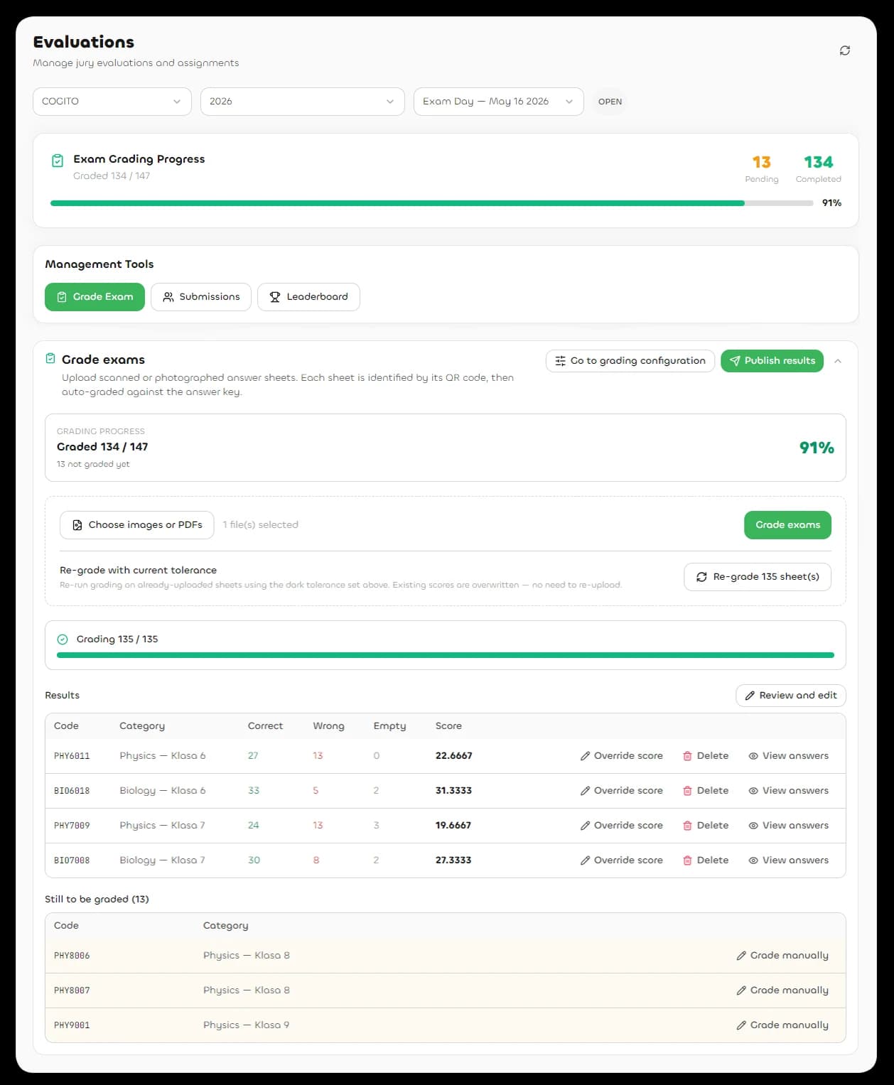 NextArena automated OMR exam grading from scanned answer sheets with penalty rules