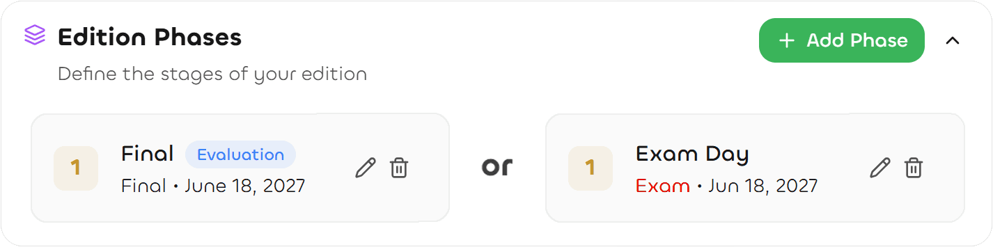 NextArena edition configuration screen with categories, phases and reusable rules
