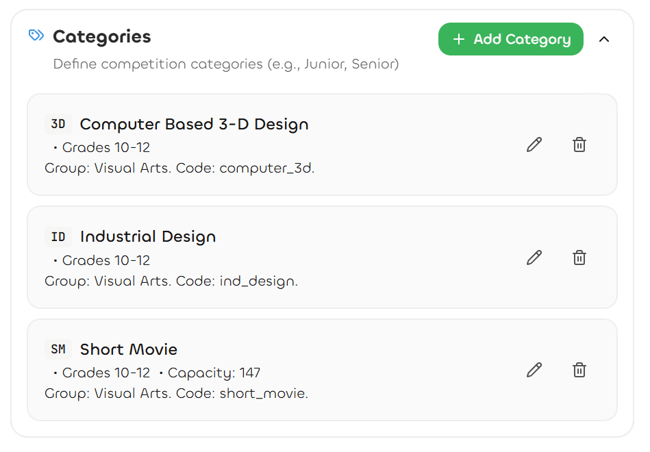 NextArena edition configuration screen with categories, phases and reusable rules